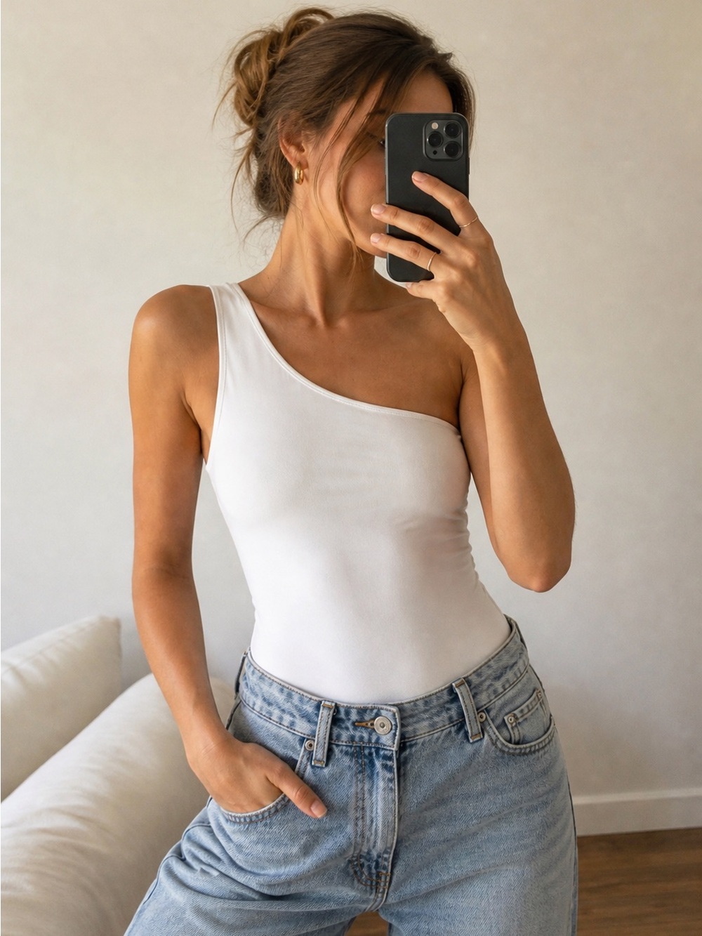 Show Me Your Mumu White One Shoulder Bodysuit Small Minimal Coastal Clean Girl